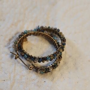 Vintage Elegant Gold and Blue Beaded Hoop Earrings
